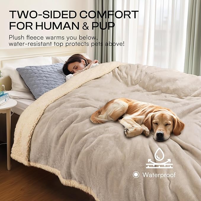 Waterproof Pet Blanket, Liquid Pee Proof Dog Blanket for Sofa Bed Couch, Reversible Sherpa Fleece Furniture Protector Cover for Small Medium Large Dogs Cats, Grey Beige Medium（57" x 40"）