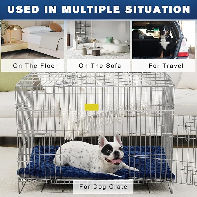 Washable Dog Bed Mat Reversible Dog Crate Pad Soft Fluffy Pet Kennel Beds Dog Sleeping Mattress for Large Jumbo Medium Small Dogs, 35 x 22 Inch, Blue