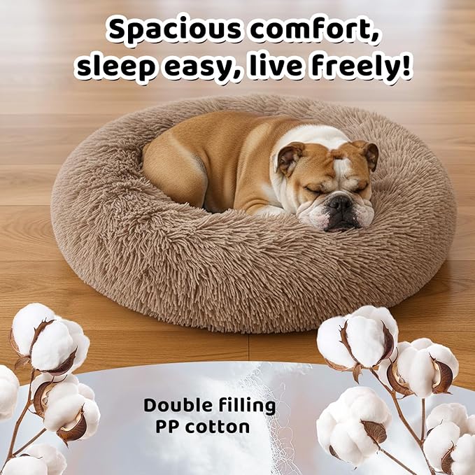 DFQ Donut-Shaped Pet Bed for Medium Dogs, Round Calming Cuddler for Cats, Cozy Anti-Anxiety Sofa, Plush Fluffy Faux Fur Cushion-31''-Camel