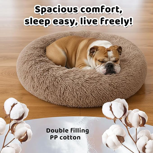 DFQ Donut-Shaped Pet Bed for Medium Dogs, Round Calming Cuddler for Cats, Cozy Anti-Anxiety Sofa, Plush Fluffy Faux Fur Cushion-31''-Camel