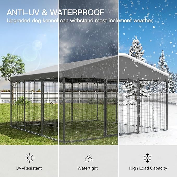 Large Outdoor Dog Kennel,10x10x6 FT Heavy Duty Dog Cage with Fully Covered Roof,Anti-Rust Outdoor Dog Fence w/Waterproof UV-Resistant Cover and Double Security Locks for Backyard