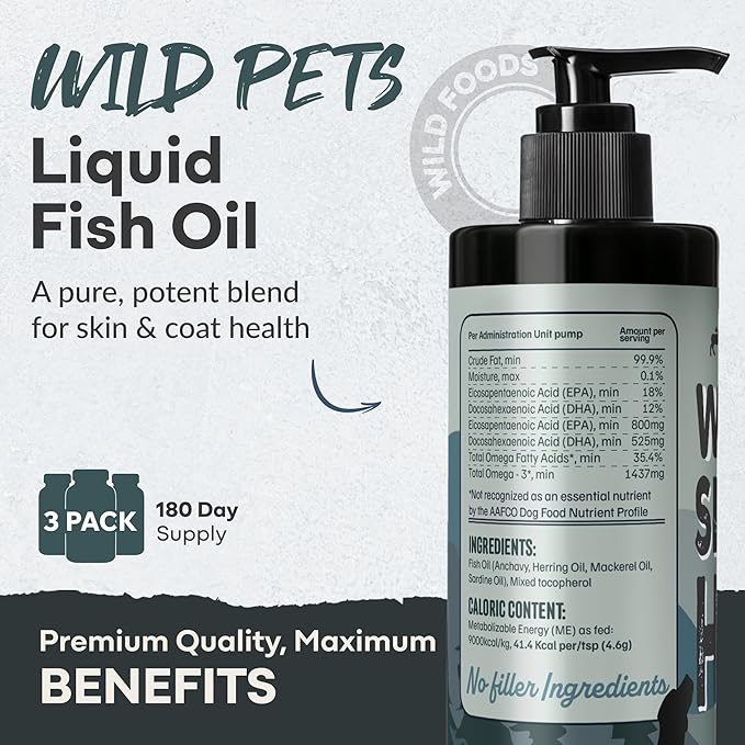 Wild Dog Fish Oil - Premium Multi-Fish Blend for Skin & Coat Health - More Potent Than Salmon Oil for Dogs - 1437mg of Omega 3 for Dogs - EPA & DHA – 8 fl oz Pump