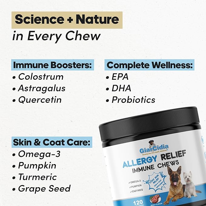 Giarcidia Allergy Relief & Immune Support Chews for Dogs – 90 Soft Chews, Chicken Flavor – Seasonal Itch, Skin, Paw Licking, Hot Spots – Dog Allergy Supplement