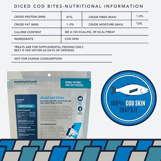 Momentum Carnivore Nutrition Diced Cod Bites Dog Treats – Single Ingredient Icelandic Cod Skin Chews | Natural Dental Support | High-Protein Fish | Healthy Dog & Cat Treats | 4 oz Bag