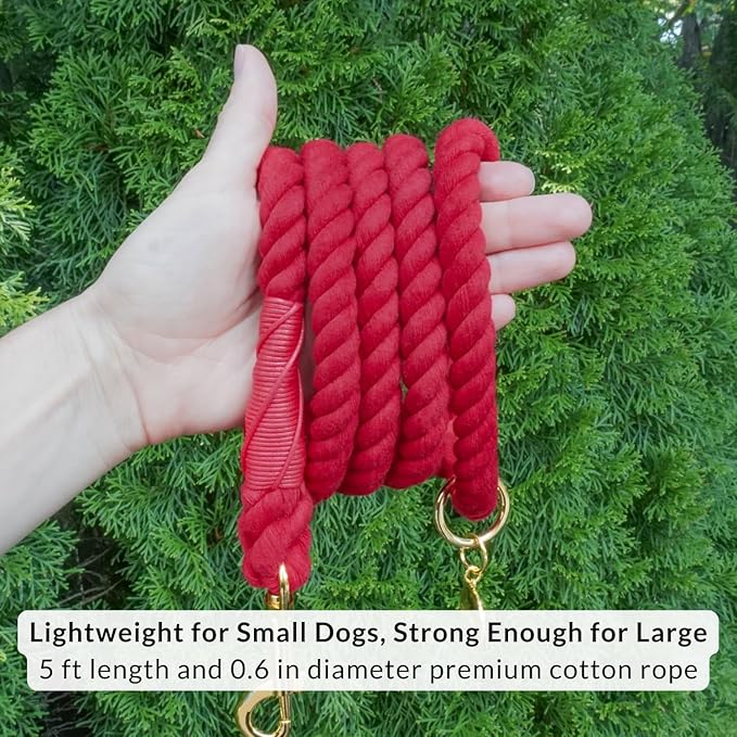 DJANGO Cotton Rope Dog Leash 5ft – Handcrafted Dog Leash and Red Braided Leash for Small, Medium, and Large Dogs – Durable 5 Foot Training Lead with Gold Hardware – Crimson Red