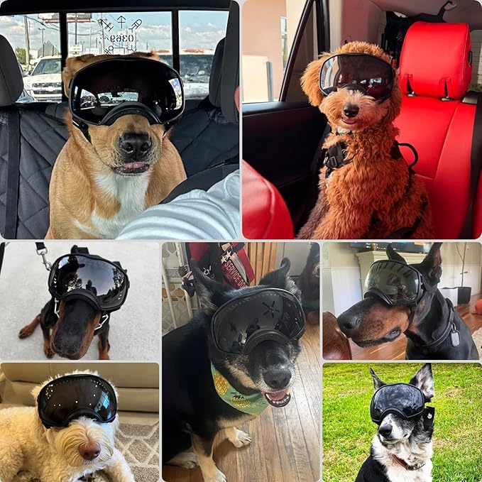 PETLESO Dog Goggles for Large Breed, Dog Sunglasses Medium Large Breed Wide View Pet Eye Protection with Adjustable Straps for Driving Riding Hiking, Black Lens