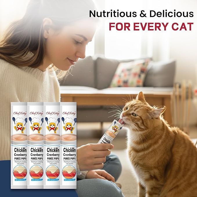 Chef Kitty Purée Pops, Cat Treats, Grain-Free, Lickable, Squeezable Creamy Cat Treat/Topper with Vitamin E & Taurine, 0.5 Ounces Each Tube, 10 Tubes, Chicken with Cranberry Recipe