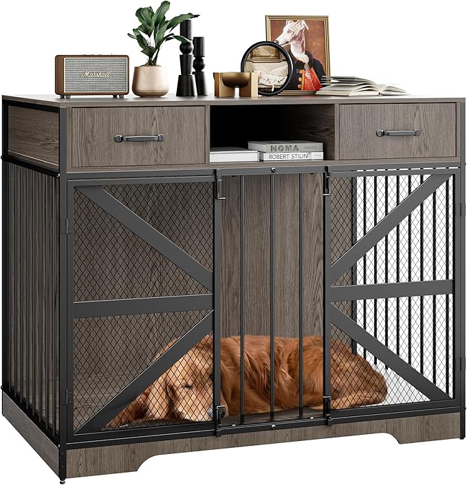 44" Large Dog Crate Furniture, Wooden Heavy Duty Dog Kennel TV Stand with 2 Drawers, Indoor Multi-Functional Decorative XL Furniture for Medium & Large Breeds, Grey