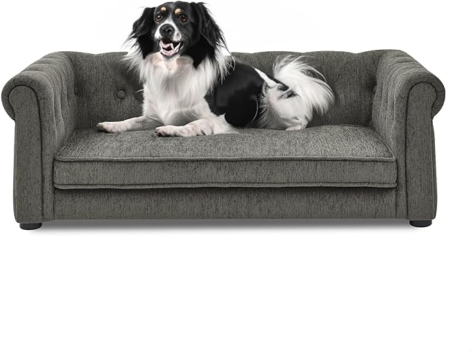 GDFStudio Modern Linen Dog Sofa for Small and Medium Dogs Elevated Pet Bed with Armrests and Backrest Durable and Comfortable Upholstered Pet Furniture, Dark Gray