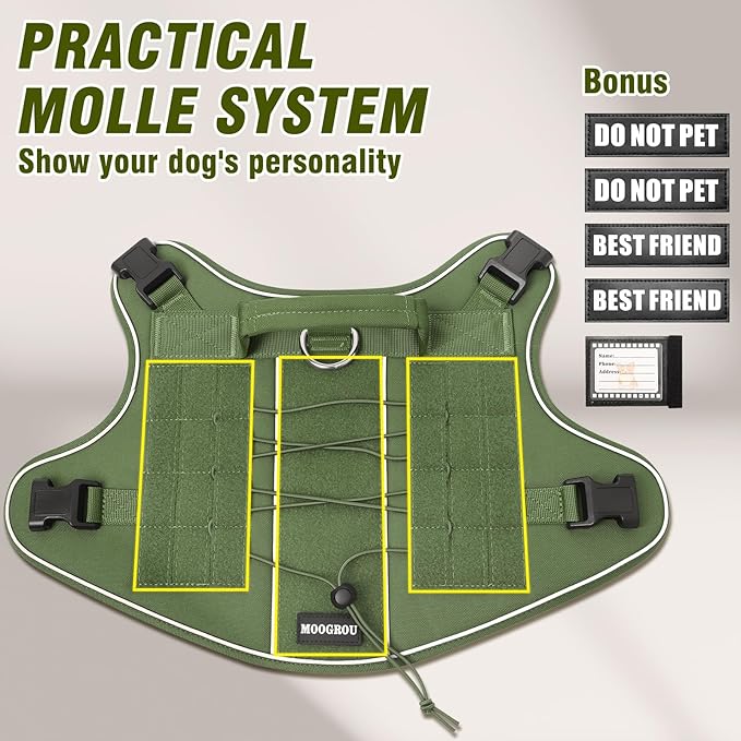 Tactical Dog Harness Small Sized Dog,No Pull Military Dog Vest with Handle,Reflective Heavy Duty Pet Harness for Walking Hiking Training Green S