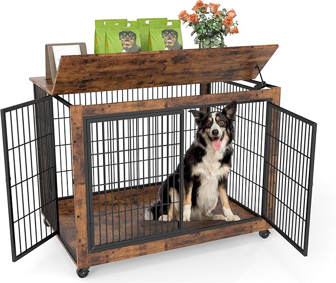 43" Movable Extra Large Dog Crate, Wooden Furniture Dog Crate with Top Access for Teasing/Feeding, 4 Rotating Wheels, Heavy-Duty Large Dog Kennel Indoor as End Table, Chew-Resistant, Brown