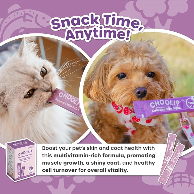 Choolip Squeeze Vita Stick Lickable Cat and Dog Treats – 49-Count Skin Support Sticks with Multivitamins, Soft Squeezable Paste for All Life Stages, Supporting Skin Health - Box with 7 Pouches
