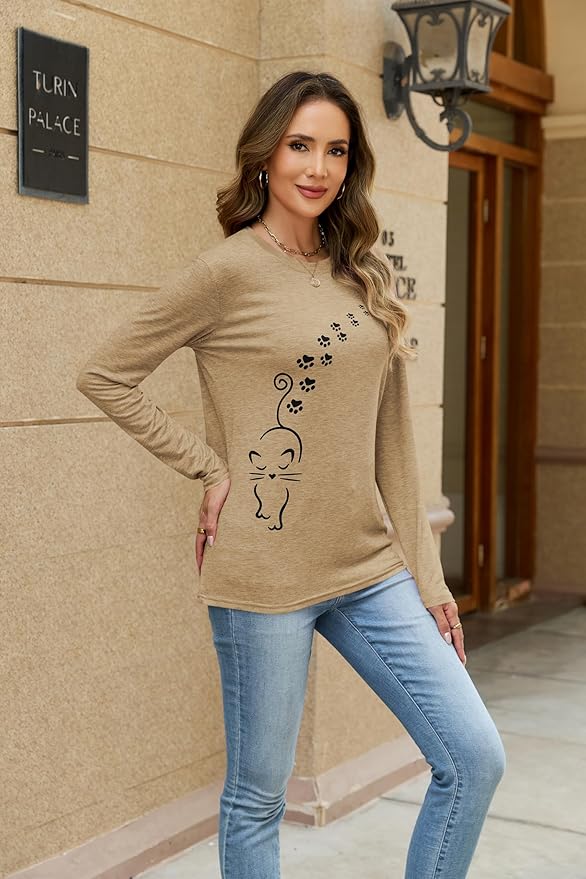 Women's Long Sleeve tees Cat Mom Graphic Tee Shirts Womens Graphic t Shirts Pullover Tops