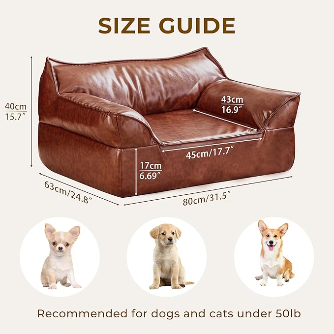 Brown Leather Dog Couch Bed for Medium Small Dogs Under 50 lbs, 31.5 Inch Mid-Century Modern Luxury Elevated Dog Sofa Indoor, Furniture Style Vintage Raised Pet Sofa Bed (Medium)