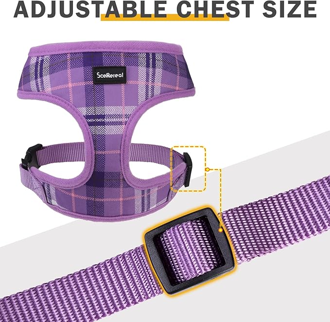 SCENEREAL No Pull Dog Harness Collar and Leash Set Small Medium Sized Dog, Soft Mesh Step in Puppy Harnesses, No Chock Plaid Adjustable Pet Vest for Outdoor Walking Training and Running, Purple M