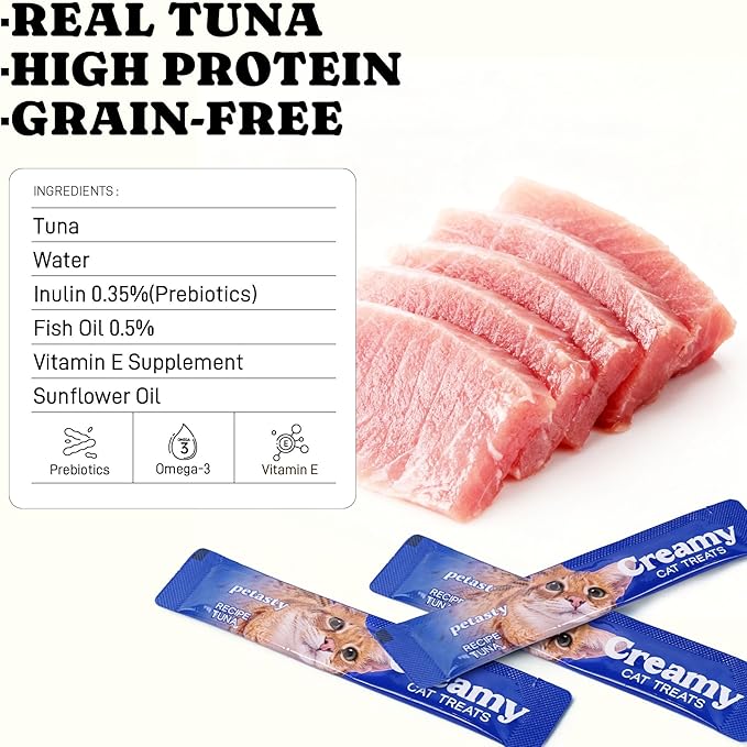 PETASTY Lickable Cat Treats, High Moisture Hydrating Creamy Puree Squeeze Tubes, Tuna Flavor, 20 Tubes 0.5oz, Grain-Free, Omega Oils & Vitamin E, Skin & Coat Health, Digestive and Immune Support