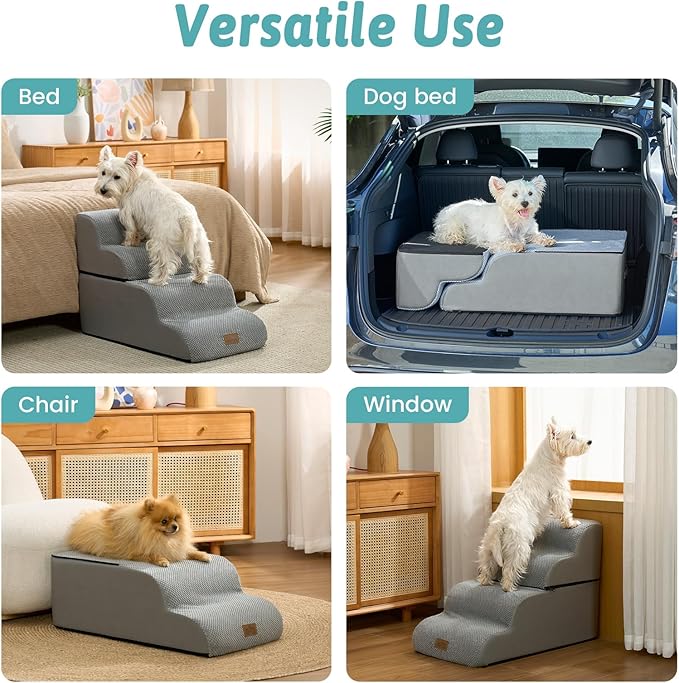 Wide Dog Stairs for Small Dogs 19.7" H, Detached Dog Step for Puppy or Older Cat, Ramp for Bed, Sofa, Couch or Chair, Ladder with High Density Foam, 17.7x28.3x19.7 inch, 4 Step, Grey