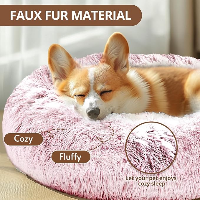 JOLLYVOGUE Small Dog & Cat Beds for Indoor Cats, Donut Cuddler Warming Soft Dog Beds with Anti-Slip Bottom, Round Calming Fluffy Plush Faux Fur Cushion Bed for Small Dogs (23", Smoke Pink)