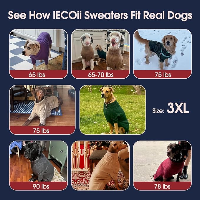 IECOii XXXL Dog Sweater,Warm Dog Sweaters for Extra Large Dogs Girl Boy,Stretchy & Cozy,Turtleneck Knitted Pullover for Pet Wear On Christmas,Easy On Doggy Sweatshirt for Labrador (Peacock Blue,3XL)