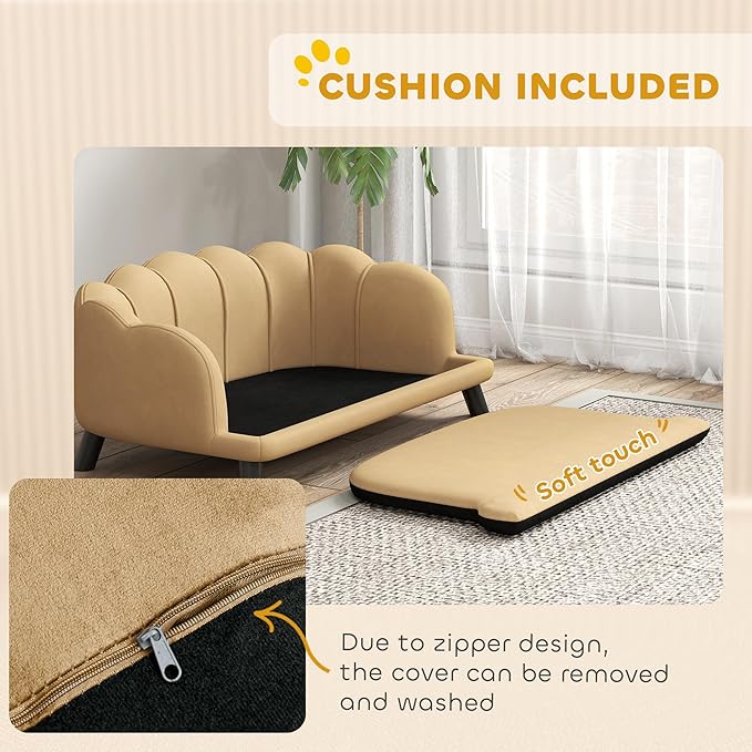 PawHut Velvet Large Dog Couch with Foam Cushion, Soft and Cute Dog Bed with Pearl Design, Pet Sofa for Big and Medium Breeds, Coffee