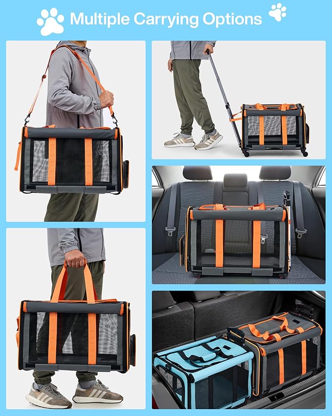 MILADA Extra Large Cat Carrier with Wheels for Big Cats & Small Dogs Soft Sided Rolling Pet Carrier Detachable XL Cat Stroller for Travel, Hiking, Vet & Hospital Use, Orange
