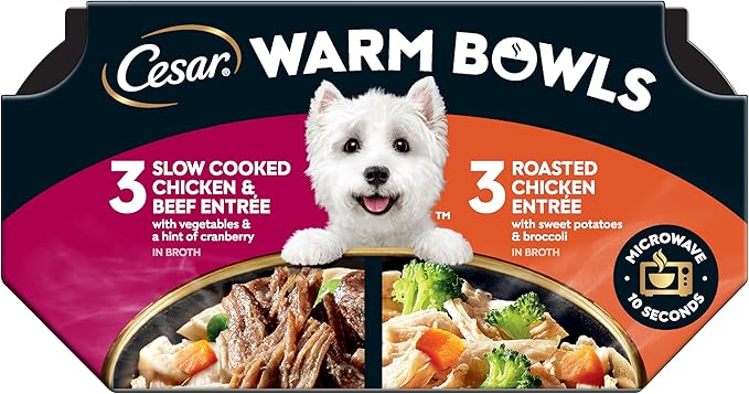 Cesar Warm Bowls Wet Dog Food Variety Pack: Chicken & Beef; and Chicken Entrees, 2.7 oz Bowls, 6 Count
