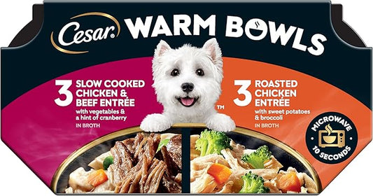 Cesar Warm Bowls Wet Dog Food Variety Pack: Chicken & Beef; and Chicken Entrees, 2.7 oz Bowls, 6 Count