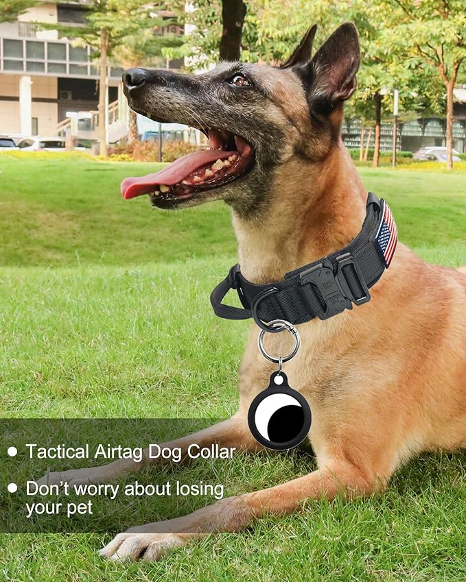 Hotsky Tactical Dog Collar, Adjustable Military Training Nylon Airtag Collar with Handle and Heavy Duty Metal Buckle for Medium Large Dogs, with Airtag Holder and Two Patches（Black,M）