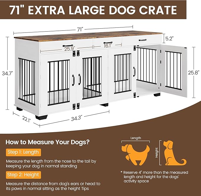 71 in Large Dog Crate Furniture for 2 Dogs with 3 Drawers, Heavy Duty Double Indoor Dog Kennel and TV Stand for Medium Large Dogs, Brown & White