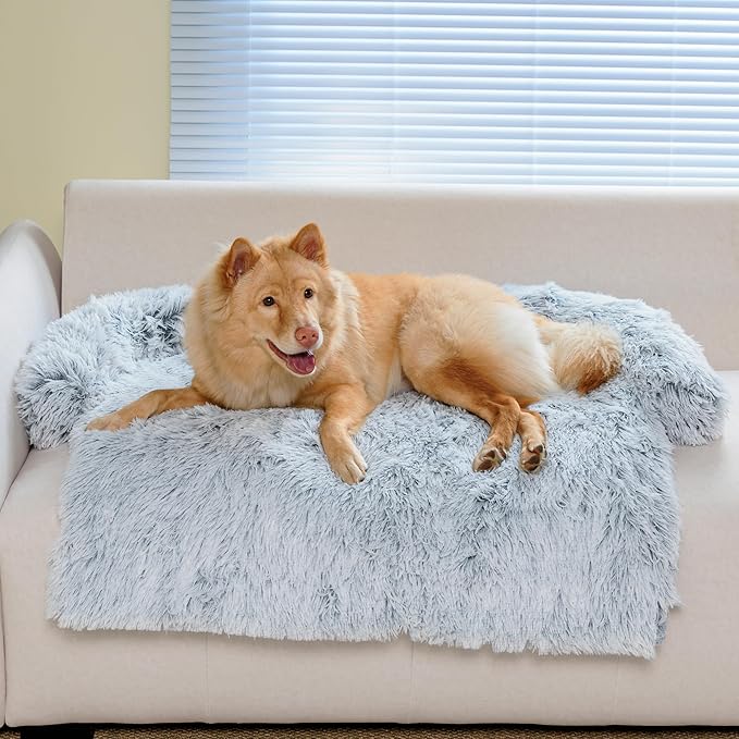 KHONSU PET Dog Bed for Couch Dog Mat for Sofa with Calming Plush& Bolster, Removable &Washable& Non-Slip Pet Bed for Furniture Protector Fits up to 20 lbs Dogs-Grey