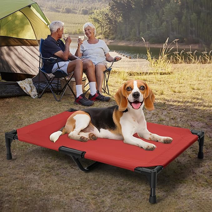 Love&go Elevated Dog Bed with Metal Frame, Cooling Raised Pet Cot for Dog and Cat (M - Red Bed, Medium-29.9x19.5x5.5 inch)