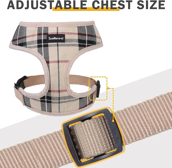 SCENEREAL No Pull Dog Harness Collar and Leash Set for Small Sized Dogs, Soft Mesh Step in Plaid Harnesses for Fall Winter, Adjustable Pet Vest for Outdoor Walking Training and Running