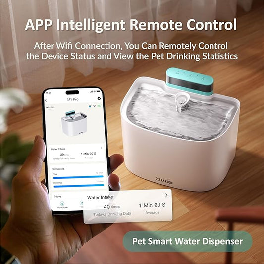 PET LAYSON Pumpless Cat Water Fountain,App Remote Control Smart Cordless Battery Operated 3.6L/122oz Wireless 2.4GHz Wi-Fi Networks Rechargeable Water Dispenser (White, M1Pro-16 Filter)