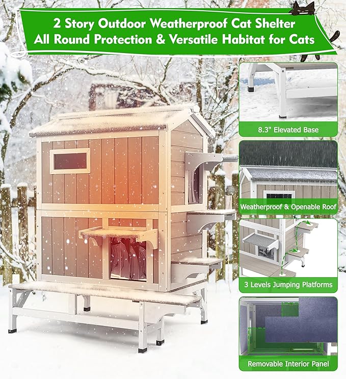 2 Story Insulated Outdoor Cat House Weatherproof Feral Cat Shelter for Winter Outside Cat Houses for 2-3 Cats Indoor Pets Condo with Waterproof Roof & Escape Door, 6.3" Raised Base & Balcony