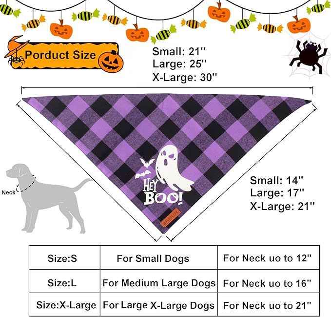 ADOGGYGO Halloween Dog Bandana Reflective Trick or Treat Boo Scarf Orange Purple Plaid Halloween Bandanas for Medium Large Dogs Pets (Large)
