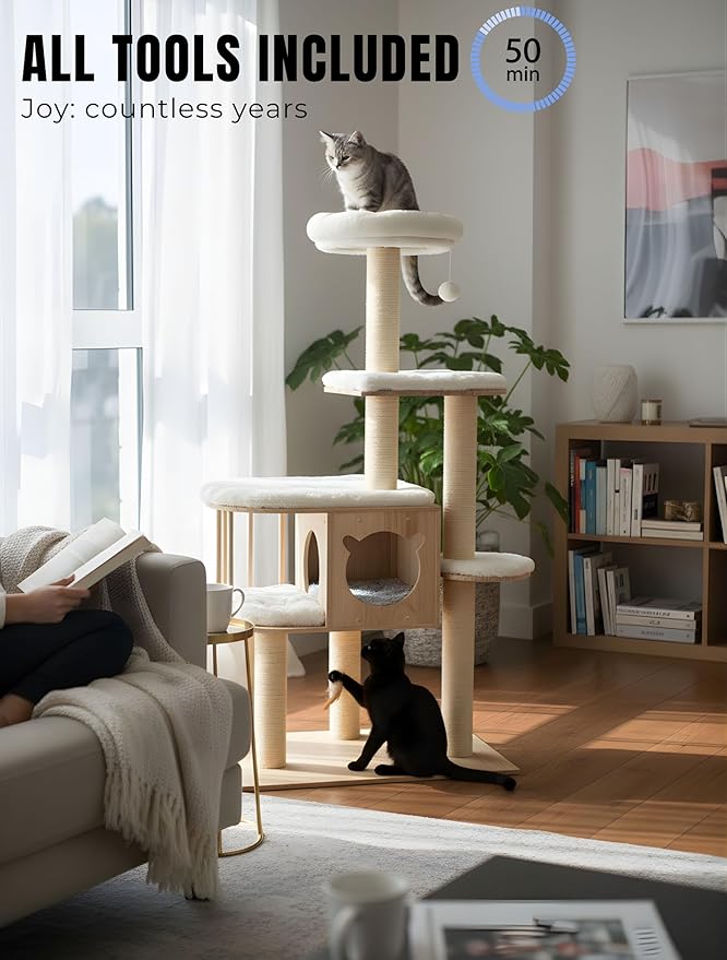 Multi-Level Pine Wood Cat Tree Tower for Indoor Large Cats – Solid Cat Condo House with Plush Beds - Sisal Scratching Posts – Sturdy Cat Furniture, 55", White