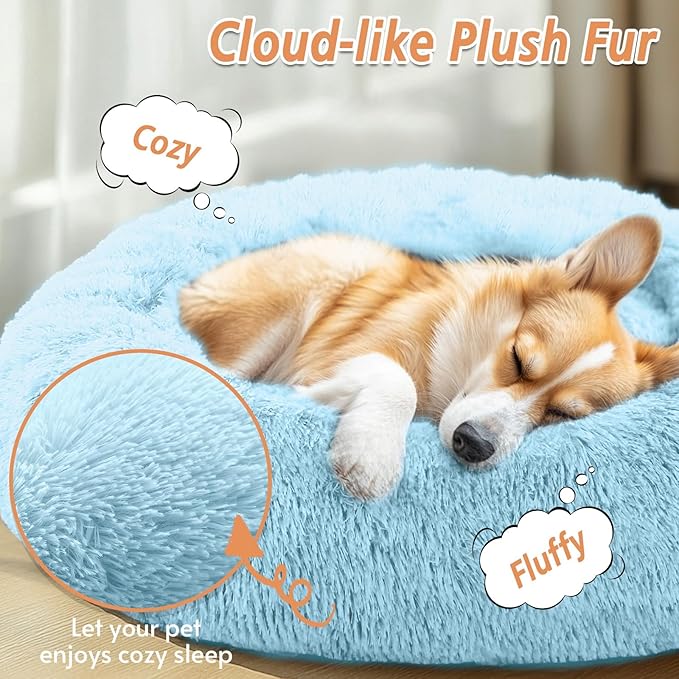 JOLLYVOGUE Small Dog & Cat Beds for Indoor Cats, Donut Cuddler Warming Soft Dog Beds with Anti-Slip Bottom, Round Calming Fluffy Plush Faux Fur Cushion Bed for Small Dogs (23", Light Blue)