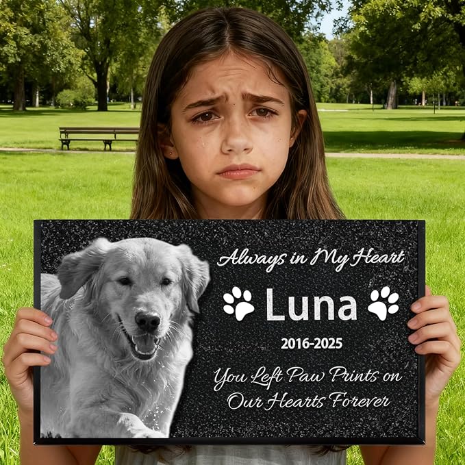 QYH Personalized Pet Memorial Stones with Picture - Dog Memorials & Funerary, Black Granite Memorial Garden Stone Laser Engraved Pet's Photo Pet Grave Markers Gifts for Loss of Dogs Cats (Black-JG)