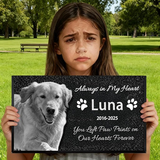 QYH Personalized Pet Memorial Stones with Picture - Dog Memorials & Funerary, Black Granite Memorial Garden Stone Laser Engraved Pet's Photo Pet Grave Markers Gifts for Loss of Dogs Cats (Black-JG)