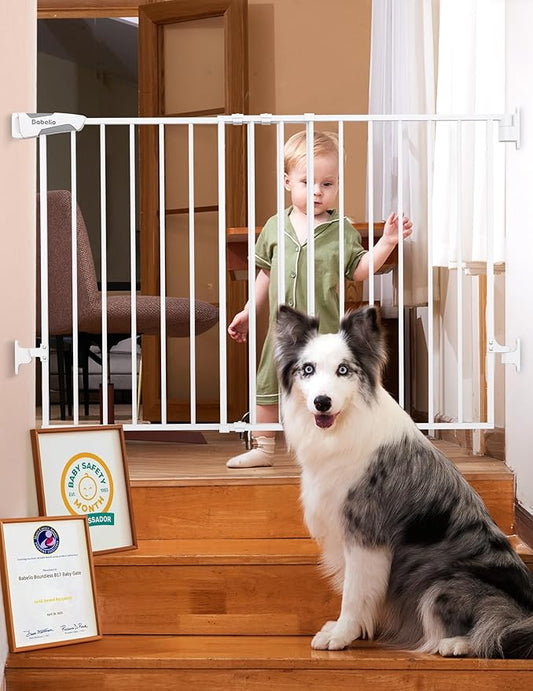 Babelio Baby Gate for Stairs, Kitchen & Doorways, No Bottom Bar| Easy Installation| One-Handed Operation| Auto-Close| Hardware Mount (Drill Needed) Safety Dog Gate (White-B17, 29-49" W, 28" H)