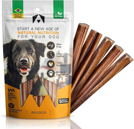 INVIROX Bully Sticks for Medium Dogs 100% Natural Grass-Fed Beef Chews, Single Ingredient Dog Treats, 6' Odor-Free 5 Pack Bully Sticks for Large Dogs, Consistent Thickness, Puppy Mighty Protein