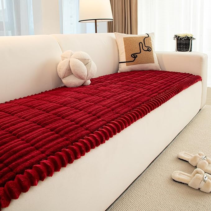 Christmas Faux Fur Plush Dog Couch Cover, 3D Stripe Fuzzy Sofa Covers, Non-Slip Fluffy Dog Bed Cover Pet Blanket, Washable Furniture Protector for Puppy Cat (Red,28"x70")