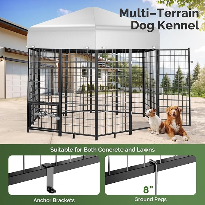 Sino Luban Outdoor Dog Kennel Outside Run with Doggy Door, Swivel Feeder&Roof - 7x7x6.4FT Large Dog Kennels Pens Outside for Large/Multiple Dogs - Heavy Duty Cage(Can Connect to Your Dog House)