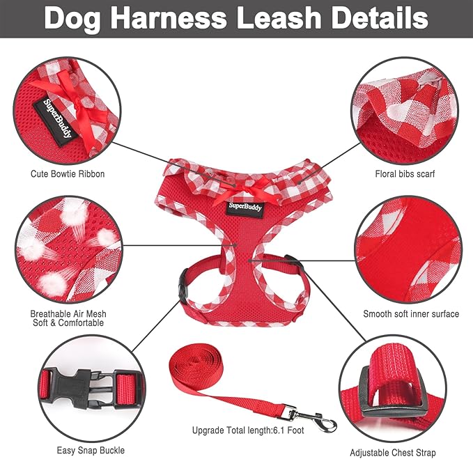SuperBuddy Upgraded Soft Mesh Dog Harness, Super Breathable Lightweight Pet Harnesses for Puppy Dogs Outdoor Walking, Red Dog Harness and Dog Leash Set Packing -Small