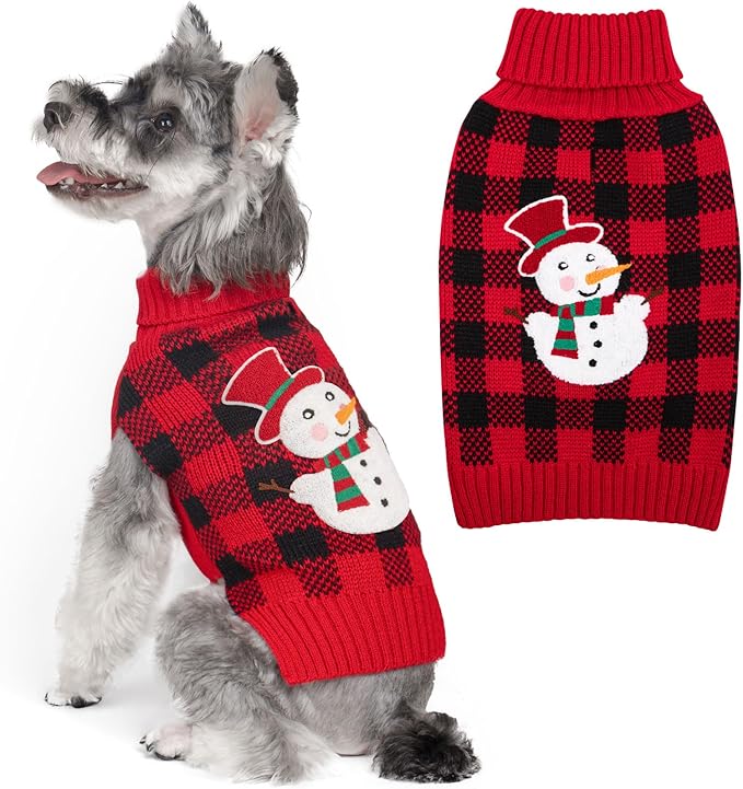 KYEESE Dog Christmas Sweater with Snowman Design, Turtleneck Dog Sweater for Small Dogs Boy Girl, Red Buffalo Plaid Knitwear with Leash Hole, Soft Warm Pet Clothes, Cozy Winter Outfit, Small