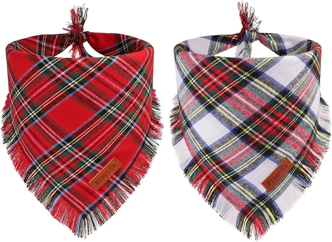 PTDECOR Christmas Dog Bandanas with Tassels Edges, Stylish Red White Plaid Scarf Bib, Premium Cotton Fabric, Reversible Triangle Xmas Bandanas for Small Dogs Puppies Cats(Small)