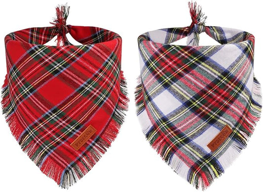 PTDECOR Christmas Dog Bandanas with Tassels Edges, Stylish Red White Plaid Scarf Bib, Premium Cotton Fabric, Reversible Triangle Xmas Bandanas for Small Dogs Puppies Cats(Small)