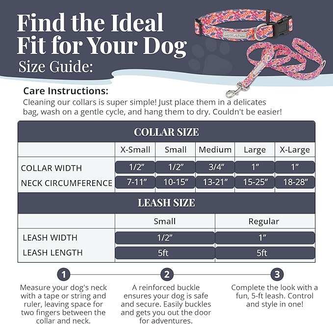 Lucky Love Dog - Easy Click Buckle Dog Collar with Leash Set Combo, Durable & Comfortable for Male & Female Dogs, Pet Collar for Small to Large Dogs, Secure Fit - Floral Rosie Combo, X-Small