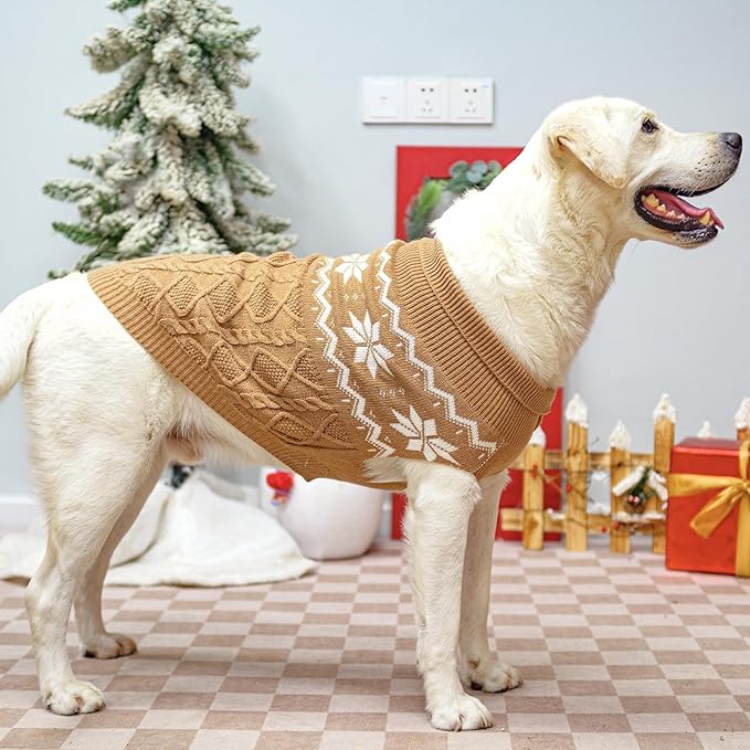 Warm Winter Pink Dog Sweater - Cold Weather Pet Clothes for Small Medium Large Dogs Indoor Outdoor, Soft Classic Knit Puppy Apparel Coat, Khaki, XL