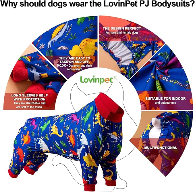 LovinPet Pitbull Large Dog Clothes, Wound Care/Post Surgery Dog Clothes, Lost World Dinosaurs Print, UV Protection, Pet Anxiety Relief, Large Dog Onesies, Pet PJ's/Medium